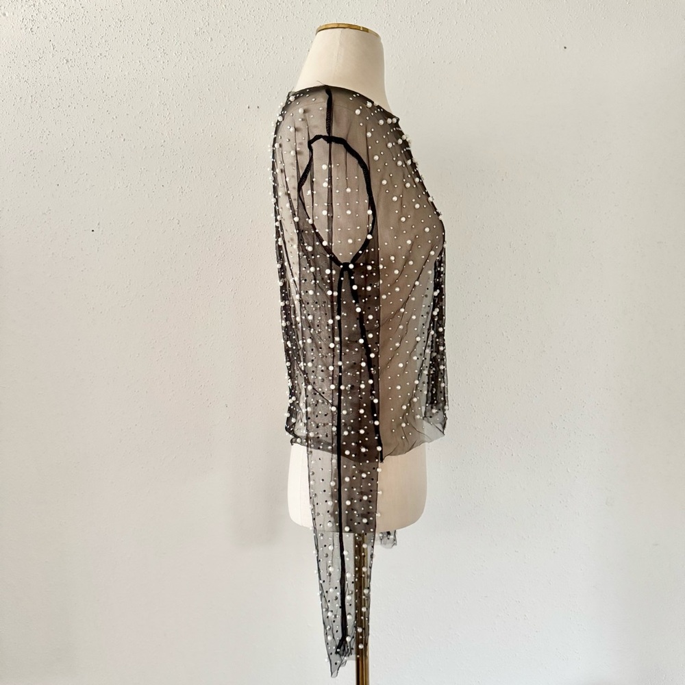 WHITE BIRCH Pearl Beaded Long Sleeve Mesh Top Sheer Black Women's Size Large L - Picture 5 of 7